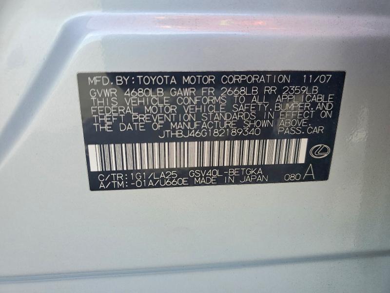 Продаж на аукціоні авто 2008 Lexus Es, vin: JTHBJ46G182189340, номер лоту: 68312366