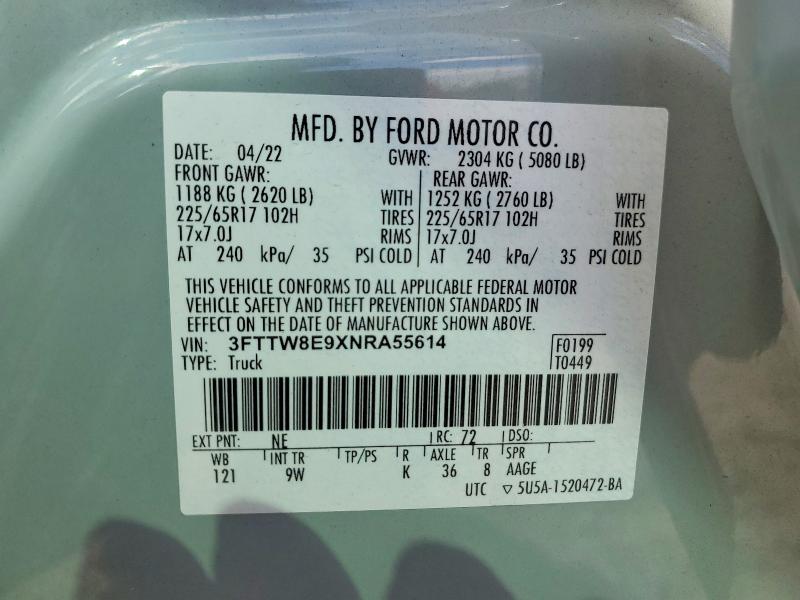 2022 Ford Maverick მანქანა იყიდება აუქციონზე, vin: 3FTTW8E9XNRA55614, აუქციონის ნომერი: 67219576