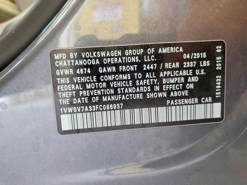 Aukcja sprzedaży 2015 Volkswagen Passat, vin: 1VWBV7A33FC086937, numer aukcji: 67616876