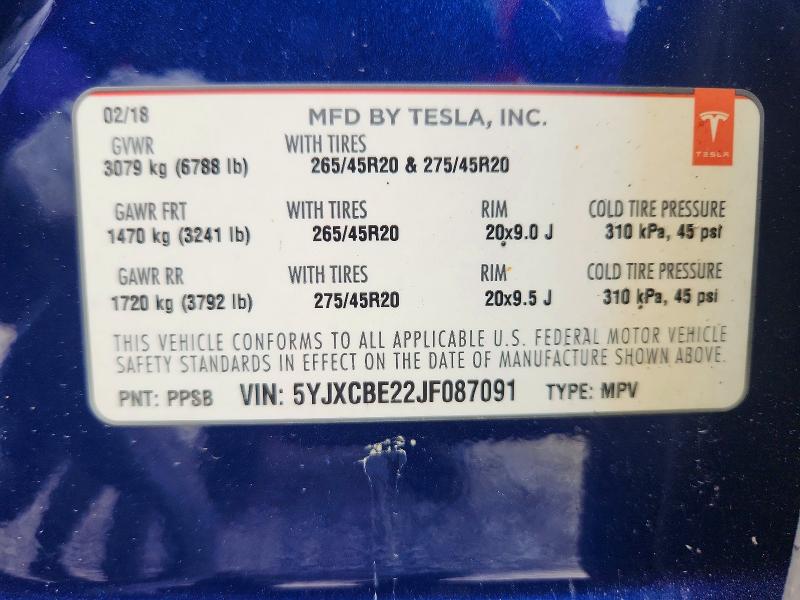 68593356 :رقم المزاد ، 5YJXCBE22JF087091 vin ، 2018 Tesla Model X مزاد بيع