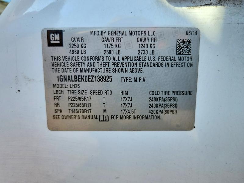 2014 Chevrolet Equinox მანქანა იყიდება აუქციონზე, vin: 1GNALBEK0EZ138925, აუქციონის ნომერი: 70273376