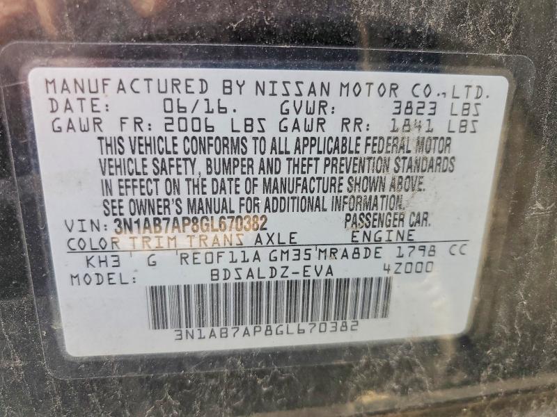 2016 Nissan Sentra მანქანა იყიდება აუქციონზე, vin: 3N1AB7AP8GL670382, აუქციონის ნომერი: 67983636