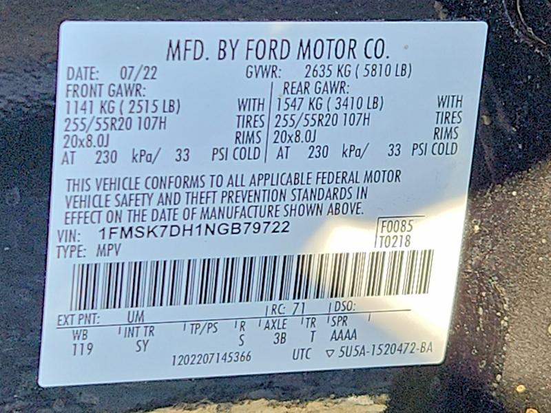 Aukcja sprzedaży 2022 Ford Explorer, vin: 1FMSK7DH1NGB79722, numer aukcji: 71230966