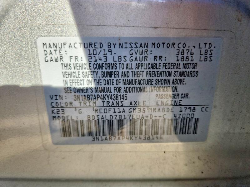2019 Nissan Sentra მანქანა იყიდება აუქციონზე, vin: 3N1AB7AP4KY438146, აუქციონის ნომერი: 69580756