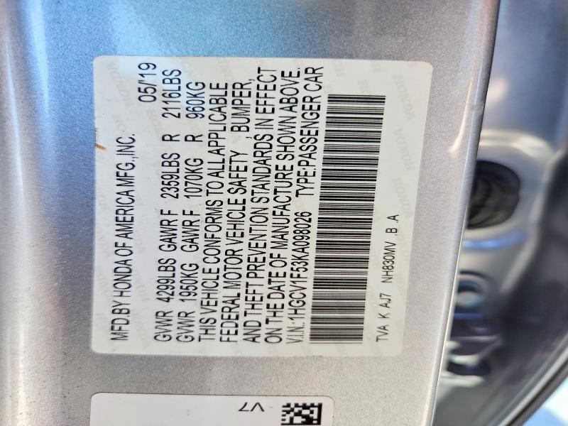 71053806 :رقم المزاد ، 1HGCV1F53KA098026 vin ، 2019 Honda Accord مزاد بيع