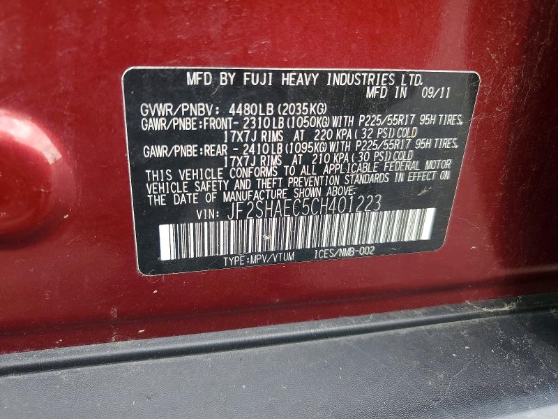 2012 Subaru Forester მანქანა იყიდება აუქციონზე, vin: JF2SHAEC5CH401223, აუქციონის ნომერი: 66818096