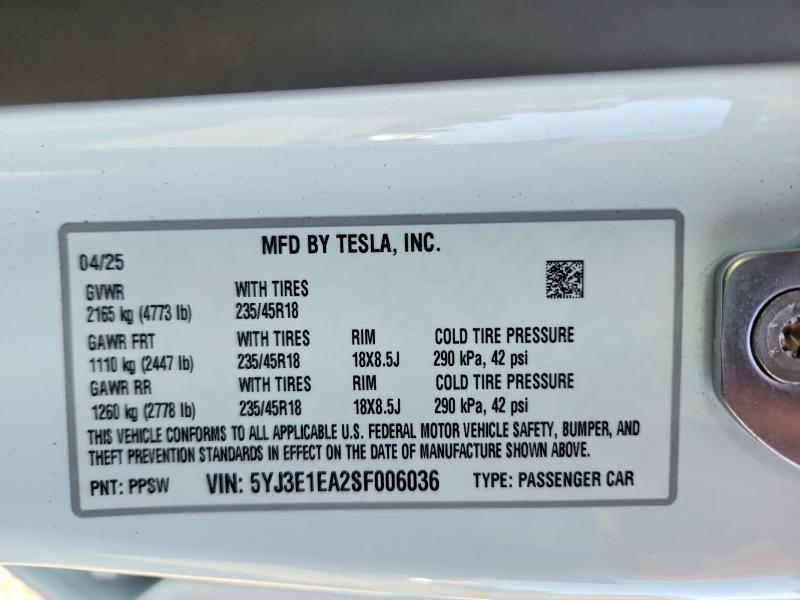 Aukcja sprzedaży 2025 Tesla Model 3, vin: 5YJ3E1EA2SF006036, numer aukcji: 67043166