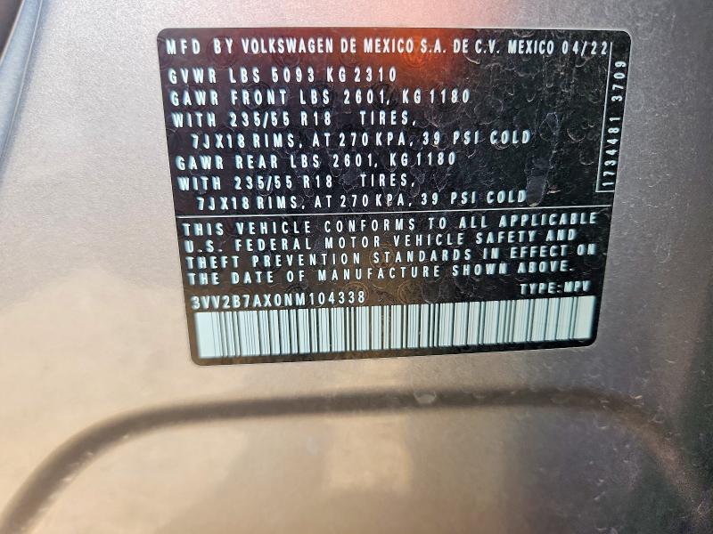 Продаж на аукціоні авто 2022 Volkswagen Tiguan, vin: 3VV2B7AX0NM104338, номер лоту: 68097856