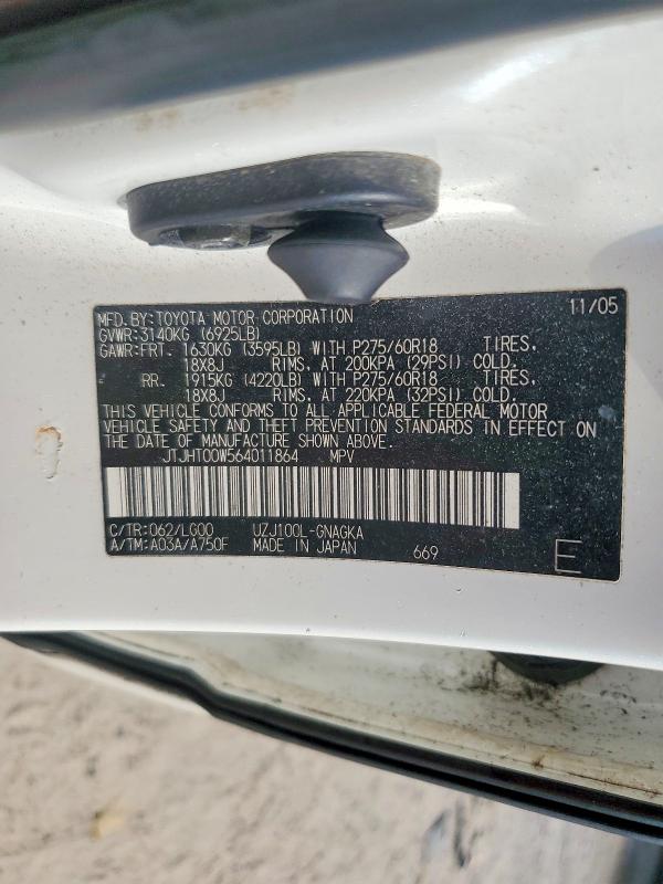 Aukcja sprzedaży 2006 Lexus Lx, vin: JTJHT00W564011864, numer aukcji: 69409426