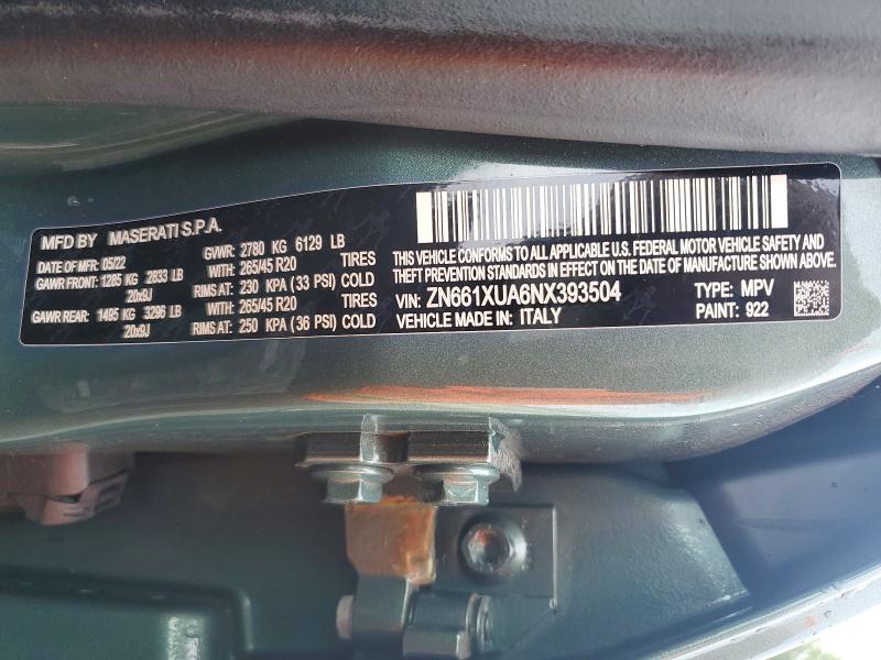 67305856 :رقم المزاد ، ZN661XUA6NX393504 vin ، 2022 Maserati Levante مزاد بيع