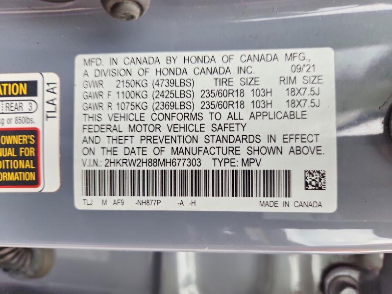 2021 Honda Cr-v მანქანა იყიდება აუქციონზე, vin: 2HKRW2H88MH677303, აუქციონის ნომერი: 70648796