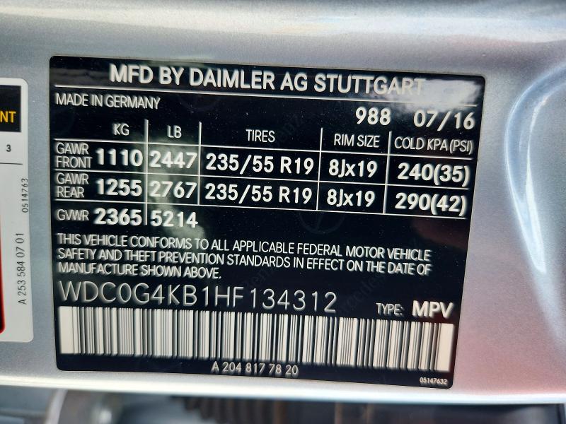 69879716 :رقم المزاد ، WDC0G4KB1HF134312 vin ، 2017 Mercedes-benz Glc مزاد بيع