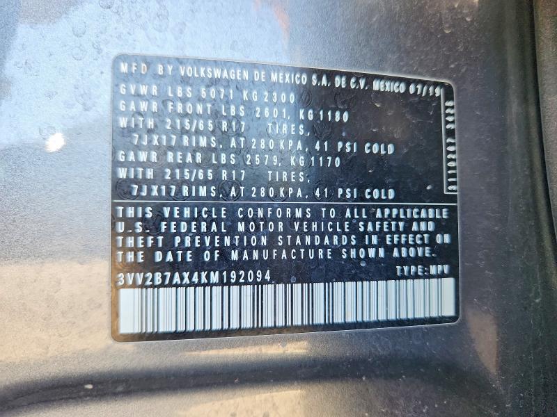 69915586 :رقم المزاد ، 3VV2B7AX4KM192094 vin ، 2019 Volkswagen Tiguan مزاد بيع