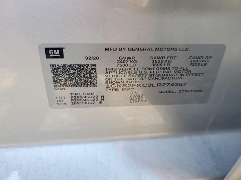 2020 Gmc Yukon Xl მანქანა იყიდება აუქციონზე, vin: 1GKS2FKC3LR274357, აუქციონის ნომერი: 69038586