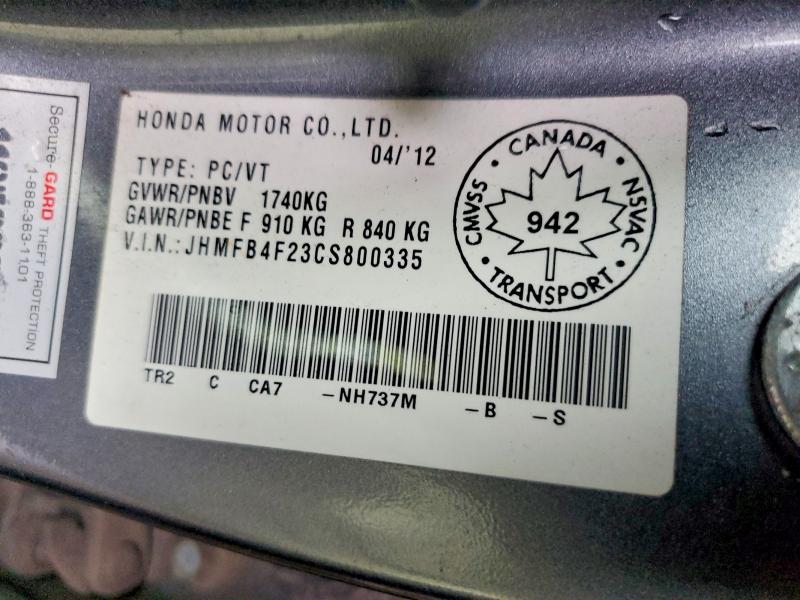 Aukcja sprzedaży 2012 Honda Civic, vin: JHMFB4F23CS800335, numer aukcji: 67450286