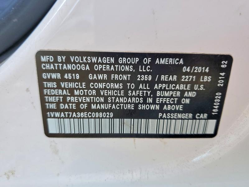 Продажа на аукционе авто 2014 Volkswagen Passat, vin: 1VWAT7A36EC098029, номер лота: 68627386