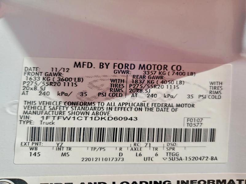 2013 Ford F150 მანქანა იყიდება აუქციონზე, vin: 1FTFW1CT1DKD60943, აუქციონის ნომერი: 67430516