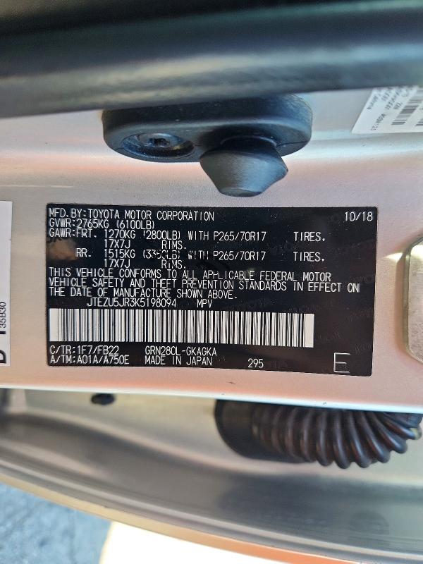 Продаж на аукціоні авто 2019 Toyota 4runner, vin: JTEZU5JR3K5198094, номер лоту: 68035986