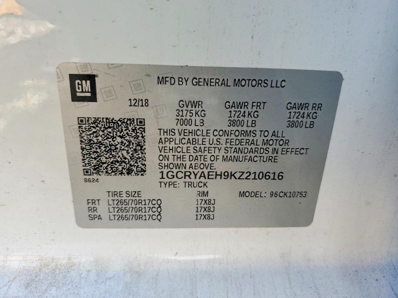 67411216 :رقم المزاد ، 1GCRYAEH9KZ210616 vin ، 2019 Chevrolet Silverado مزاد بيع