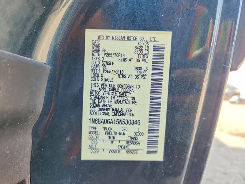 2005 Nissan Titan მანქანა იყიდება აუქციონზე, vin: 1N6BA06A15N530846, აუქციონის ნომერი: 67680216
