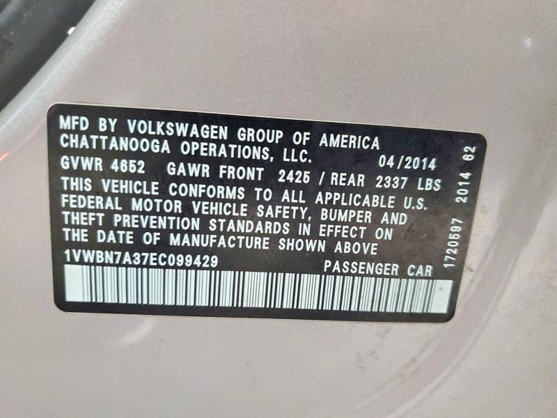 2014 Volkswagen Passat მანქანა იყიდება აუქციონზე, vin: 1VWBN7A37EC099429, აუქციონის ნომერი: 68866766