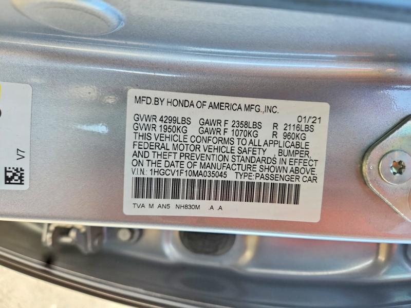 Aukcja sprzedaży 2021 Honda Accord, vin: 1HGCV1F10MA035045, numer aukcji: 68395626