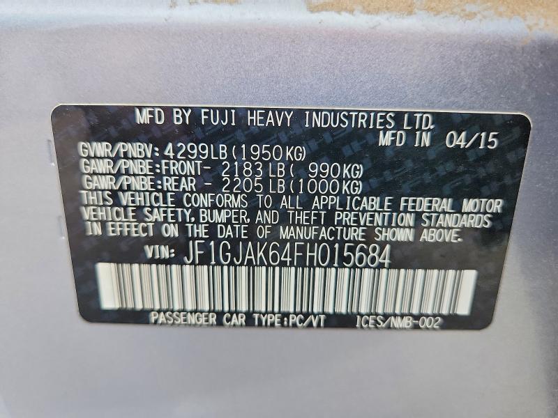70500036 :رقم المزاد ، JF1GJAK64FH015684 vin ، 2015 Subaru Impreza مزاد بيع