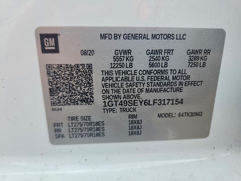 2020 Gmc Sierra მანქანა იყიდება აუქციონზე, vin: 1GT49SEY6LF317154, აუქციონის ნომერი: 68996656