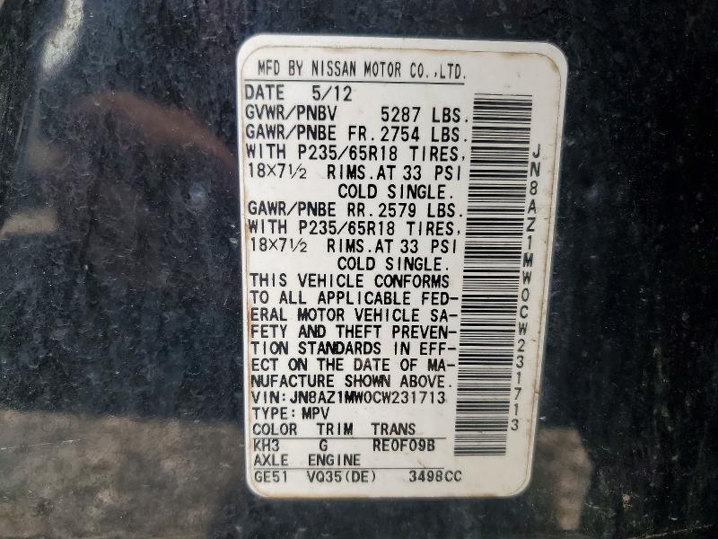 Продажа на аукционе авто 2012 Nissan Murano, vin: JN8AZ1MW0CW231713, номер лота: 69551316