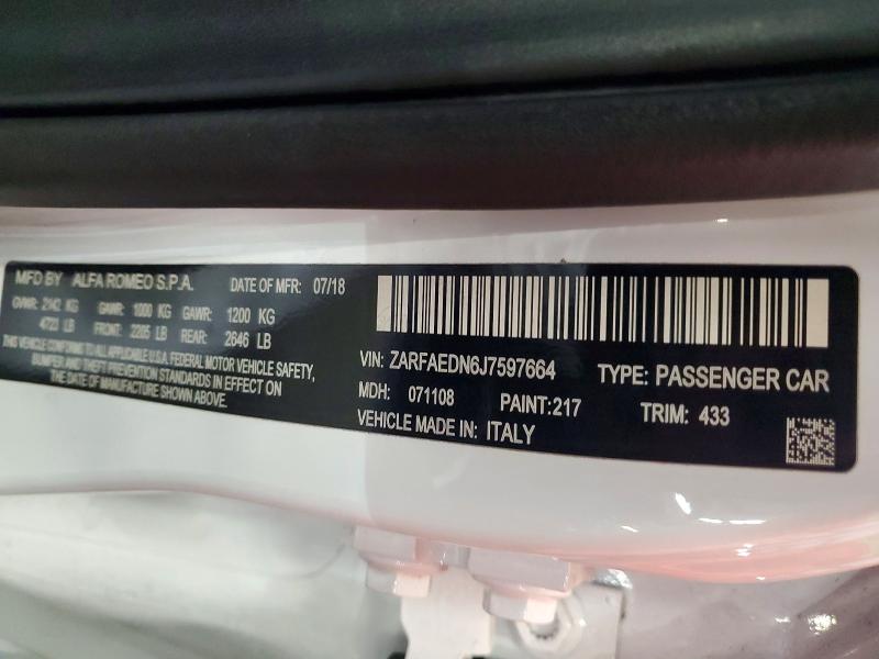 Aukcja sprzedaży 2018 Alfa Romeo Giulia, vin: ZARFAEDN6J7597664, numer aukcji: 68744176