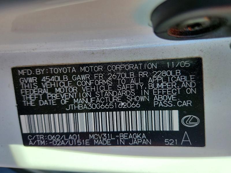2006 Lexus Es მანქანა იყიდება აუქციონზე, vin: JTHBA30G665162066, აუქციონის ნომერი: 67635336