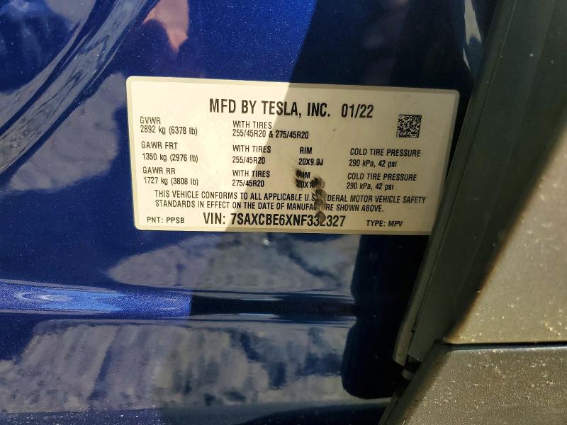 70335936 :رقم المزاد ، 7SAXCBE6XNF332327 vin ، 2022 Tesla Model X مزاد بيع