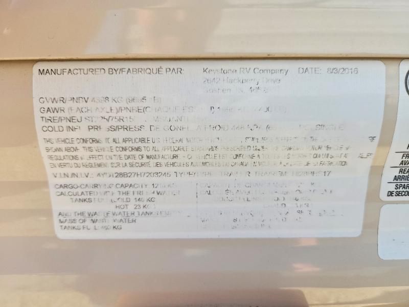 2017 Keystone Rv Recreational Vehicle (rv) მანქანა იყიდება აუქციონზე, vin: 4YDT28B27H7203245, აუქციონის ნომერი: 67963996