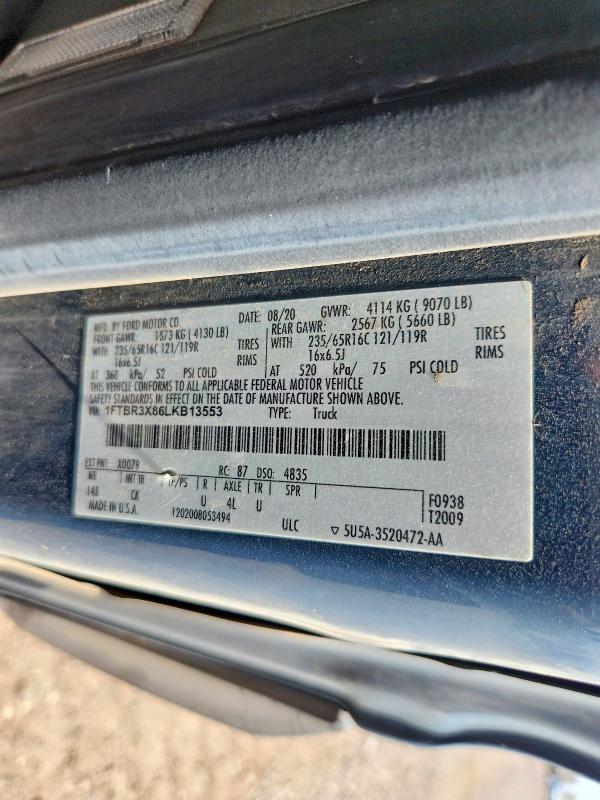 65955586 :رقم المزاد ، 1FTBR3X86LKB13553 vin ، 2020 Ford Transit 250 مزاد بيع