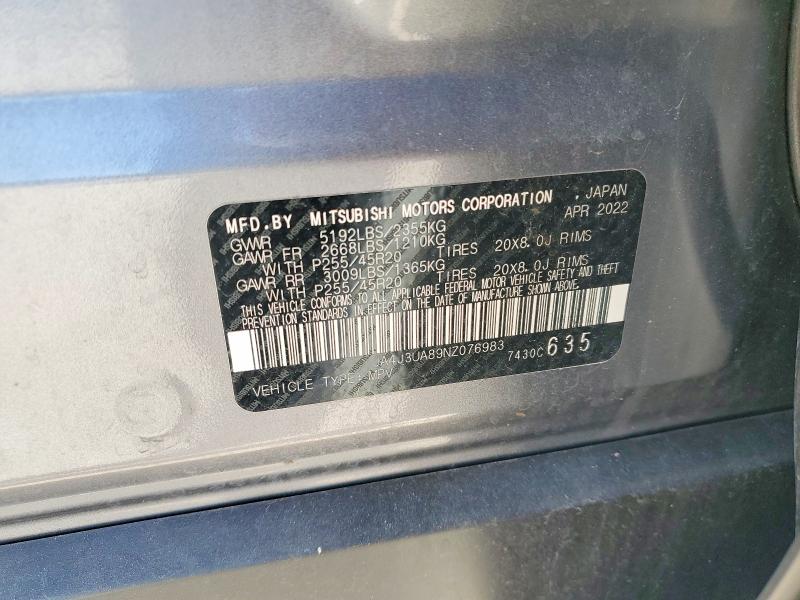 69776666 :رقم المزاد ، JA4J3UA89NZ076983 vin ، 2022 Mitsubishi Outlander مزاد بيع