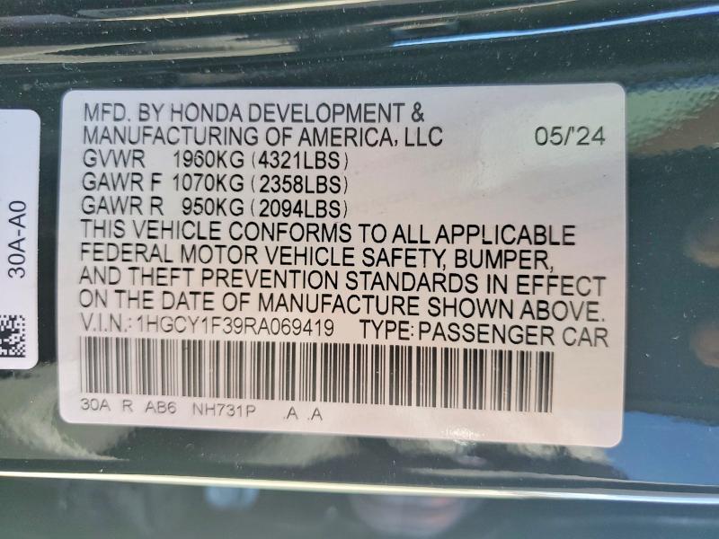 Aukcja sprzedaży 2024 Honda Accord, vin: 1HGCY1F39RA069419, numer aukcji: 70676066