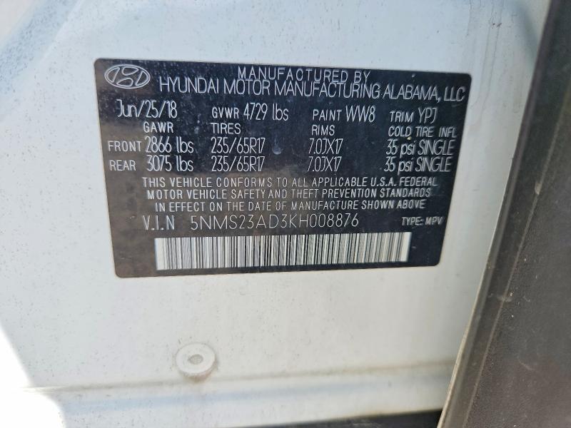 2019 Hyundai Santa Fe მანქანა იყიდება აუქციონზე, vin: 5NMS23AD3KH008876, აუქციონის ნომერი: 70531206