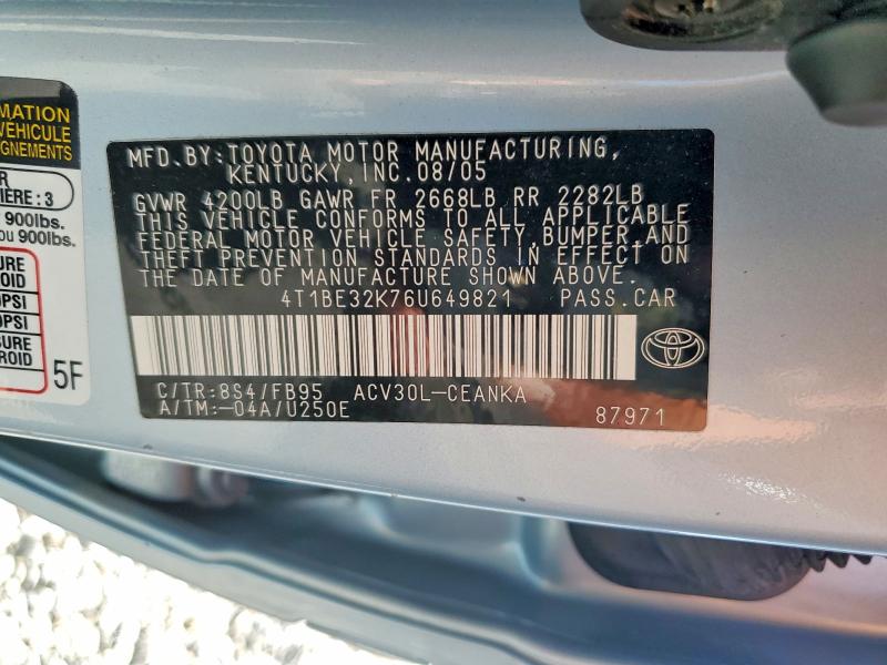 2006 Toyota Camry მანქანა იყიდება აუქციონზე, vin: 4T1BE32K76U649821, აუქციონის ნომერი: 68638546