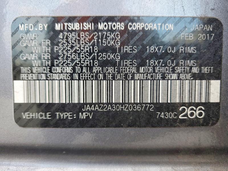2017 Mitsubishi Outlander მანქანა იყიდება აუქციონზე, vin: JA4AZ2A30HZ036772, აუქციონის ნომერი: 68698996