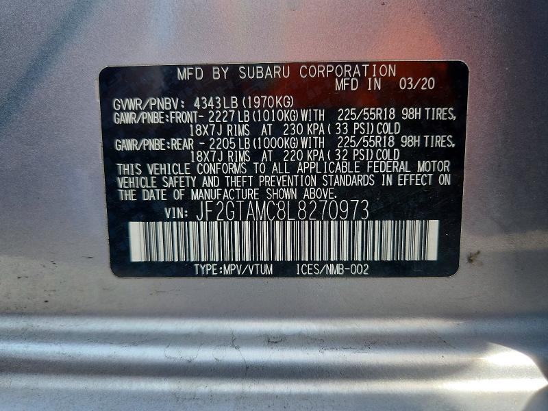 Aukcja sprzedaży 2020 Subaru Crosstrek, vin: JF2GTAMC8L8270973, numer aukcji: 67907346