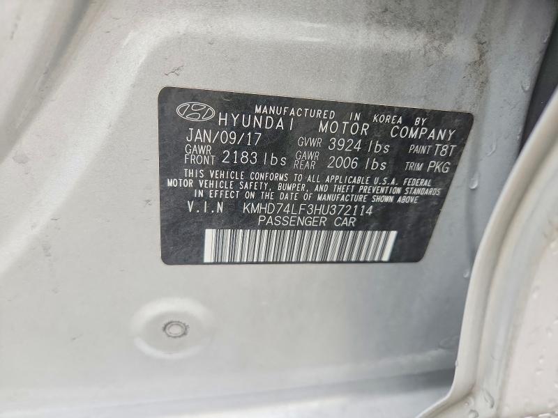 70750486 :رقم المزاد ، KMHD74LF3HU372114 vin ، 2017 Hyundai Elantra مزاد بيع