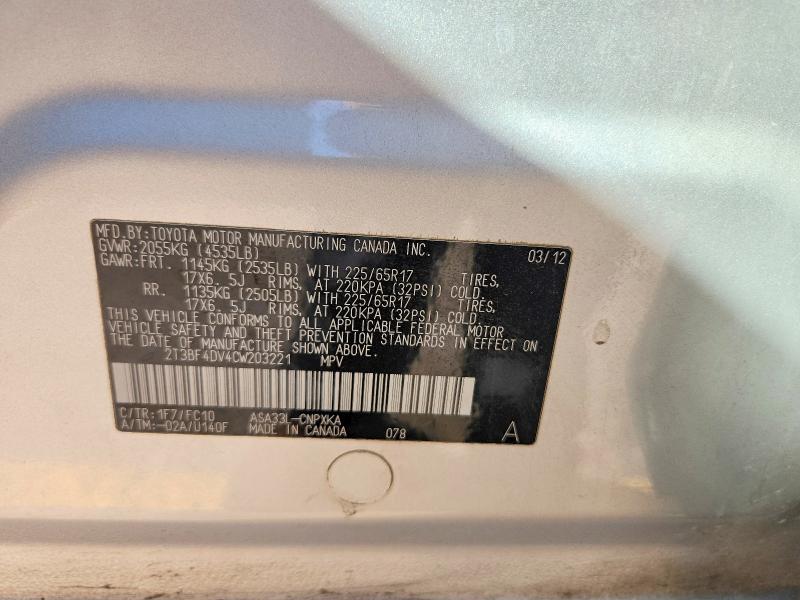 67504596 :رقم المزاد ، 2T3BF4DV4CW203221 vin ، 2012 Toyota Rav4 مزاد بيع
