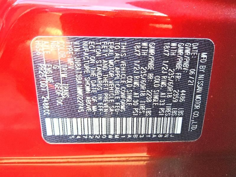 2021 Nissan Rogue მანქანა იყიდება აუქციონზე, vin: JN8AT3BA1MW022745, აუქციონის ნომერი: 69227856