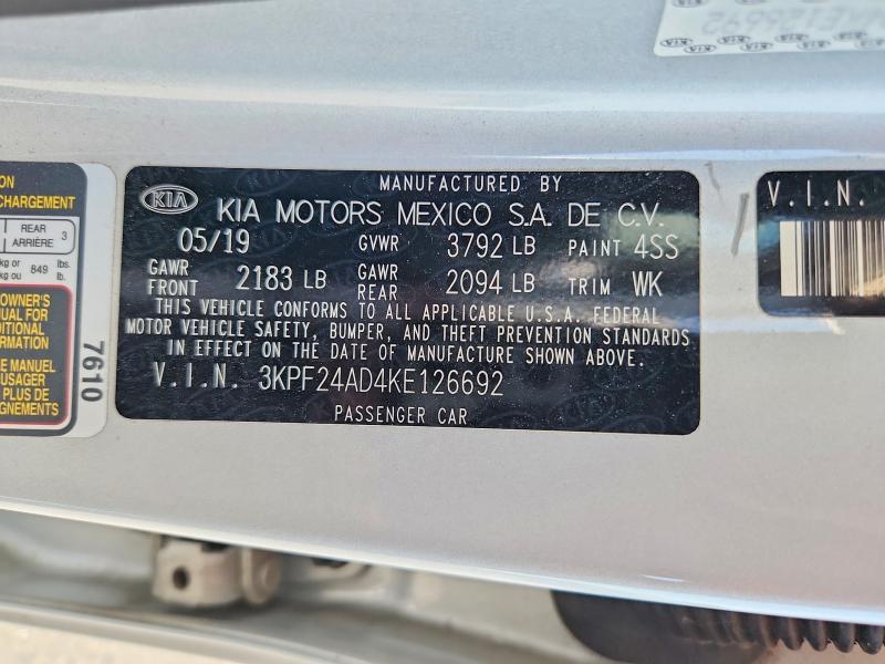 67545336 :رقم المزاد ، 3KPF24AD4KE126692 vin ، 2019 Kia Forte مزاد بيع
