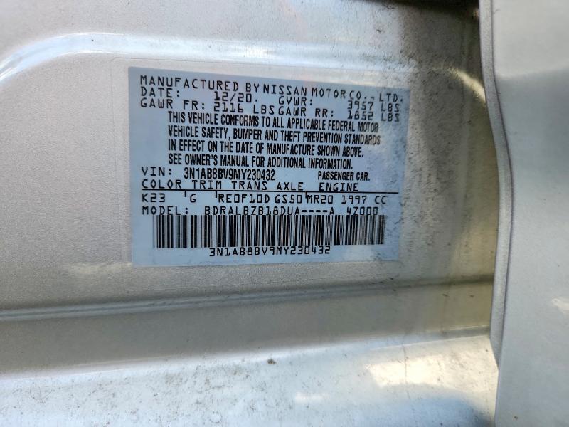 2021 Nissan Sentra მანქანა იყიდება აუქციონზე, vin: 3N1AB8BV9MY230432, აუქციონის ნომერი: 71057526