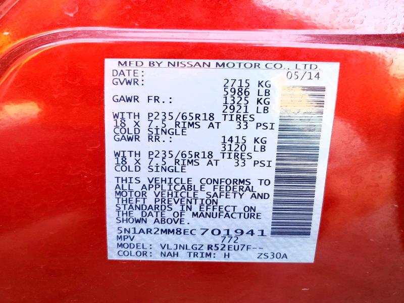 2014 Nissan Pathfinder მანქანა იყიდება აუქციონზე, vin: 5N1AR2MM8EC701941, აუქციონის ნომერი: 67802606