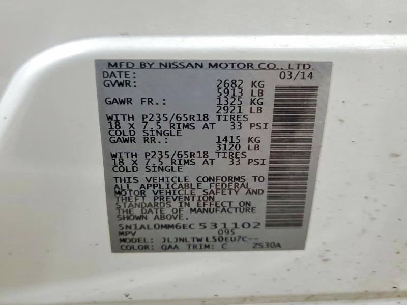70019006 :رقم المزاد ، 5N1AL0MM6EC531102 vin ، 2014 Infiniti Qx60 مزاد بيع