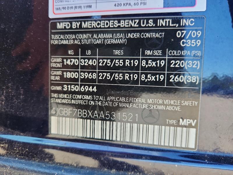 69145076 :رقم المزاد ، 4JGBF7BBXAA531521 vin ، 2010 Mercedes-benz Gl مزاد بيع