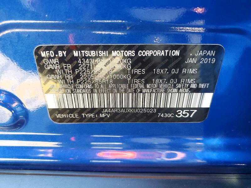 2019 Mitsubishi Outlander Sport მანქანა იყიდება აუქციონზე, vin: JA4AR3AUXKU025023, აუქციონის ნომერი: 70315296