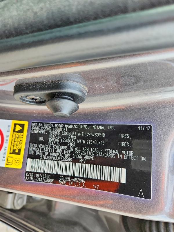 Aukcja sprzedaży 2018 Toyota Highlander, vin: 5TDJZRFH3JS529596, numer aukcji: 69992356
